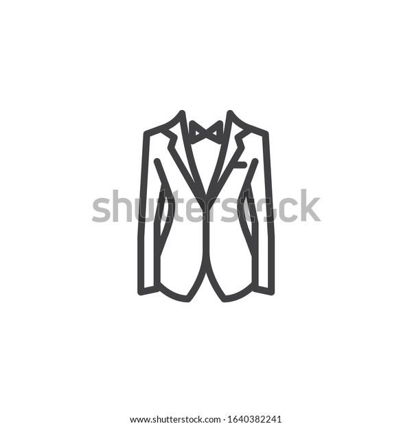 Men's tuxedo
jacket with bow tie line icon. linear style sign for mobile concept
and web design. Wedding suit jacket outline vector icon. Symbol,
logo illustration. Vector
graphics