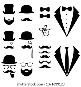 Men's tuxedo. Mustache, glasses, beard, pipe and top hat. Weddind suits with bow tie and with necktie. Vector illustration