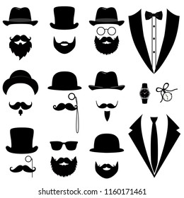 Men's tuxedo. Mustache, glasses, beard, pipe and top hat. Wedding suits with bow tie and with necktie. Vector illustration