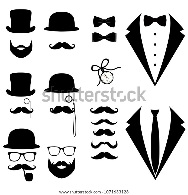 Men\'s\
tuxedo. Mustache, glasses, beard, pipe and top hat. Weddind suits\
with bow tie and with necktie. Vector\
illustration
