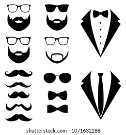 Men's tuxedo. Mustaches, glasses, beard. Weddind suits with bow tie and with necktie. Vector illustration