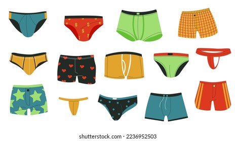 Mens underpants. Cartoon doodle male underwear clothing swimwear shorts, colorful fashion briefs trunks knickers casual underclothes. Vector set. Everyday cotton boxers of different models svg