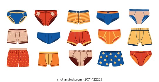 Mens underpants. Doodle underwear clothing. Cartoon swimming trunks. Briefs and panties. Male everyday clothes. Colorful boxers and swimwear. Casual underclothes. Vector garment set