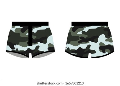 Men's underpants in a military style. Camouflage print. Underpants isolated on white background. Man underwear. Front and back views of men's underwear. Shorts. Kids clothes. Vector illustration