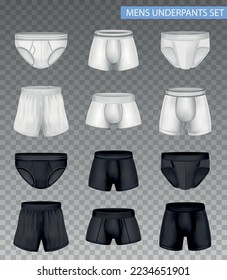 Mens underpants realistic set with various models of black and white colors isolated on transparent background vector illustration svg
