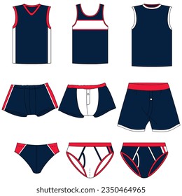 Men's underwear changes flat vector icons. Collection of modern clothing styles for men. Front view. Underwear design elements. Classic boxers, trunks, bikini, strings, thong svg