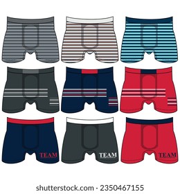 Men's underwear changes flat vector icons. Collection of modern clothing styles for men. Front view. Underwear design elements. Classic boxers, trunks, bikini, strings, thong