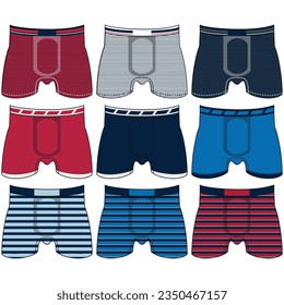 Men's underwear changes flat vector icons. Collection of modern clothing styles for men. Front view. Underwear design elements. Classic boxers, trunks, bikini, strings, thong