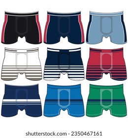 Men's underwear changes flat vector icons. Collection of modern clothing styles for men. Front view. Underwear design elements. Classic boxers, trunks, bikini, strings, thong