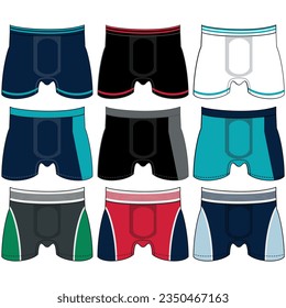 Men's underwear changes flat vector icons. Collection of modern clothing styles for men. Front view. Underwear design elements. Classic boxers, trunks, bikini, strings, thong