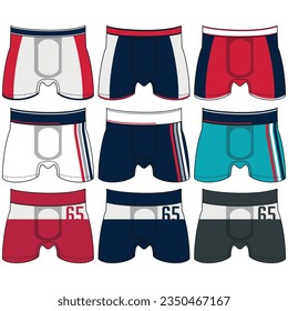 Men's underwear changes flat vector icons. Collection of modern clothing styles for men. Front view. Underwear design elements. Classic boxers, trunks, bikini, strings, thong