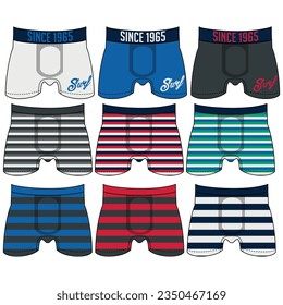 Men's underwear changes flat vector icons. Collection of modern clothing styles for men. Front view. Underwear design elements. Classic boxers, trunks, bikini, strings, thong