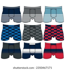 Men's underwear changes flat vector icons. Collection of modern clothing styles for men. Front view. Underwear design elements. Classic boxers, trunks, bikini, strings, thong