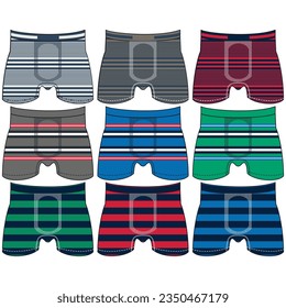 Men's underwear changes flat vector icons. Collection of modern clothing styles for men. Front view. Underwear design elements. Classic boxers, trunks, bikini, strings, thong