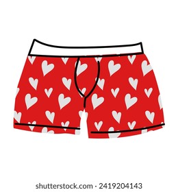 Doodle de ropa interior masculina, ropa interior para el día de San Valentín con corazón. Libros de boxeador. Ropa interior de los hombres de color rojo moderno, pintada a mano. El concepto de masculinidad romántica