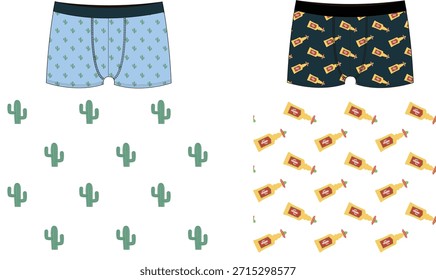 Padrão de roupa interior masculino conjunto de cacto do deserto mexicano e garrafa de tequila sem emenda projetos de vetor