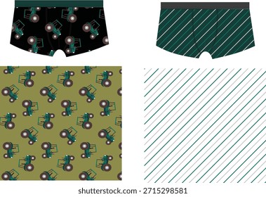 Ropa interior de los hombres Patrón de Vector sin costuras Duo Green Farm Tractor y Diseños modernos de rayas diagonales
