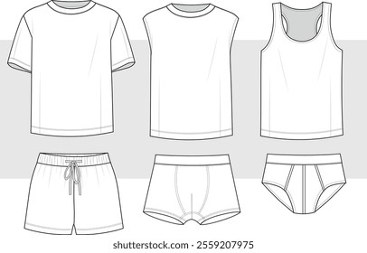 Men's underwear Set Fashion Illustration, Vector. boxer, brief, t-shirt, Sleeveless tank full set. CAD, Technical Drawing, Flat Drawing, Template, Mockup.