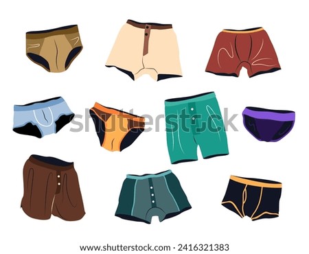 Men's underwear vector set. isolated illustrations of briefs, underpants, trunks, boxers and shorts on white background. Male casual clothes. Cotton underclothes for boys.