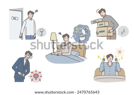 Men's urinary problems (urinary leakage, feeling of residual urine, nocturia, cystitis) illustration set
