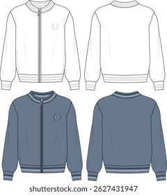 Men's varsity jacket - bomber jacket sweatshirt technical fashion drawing, flat sketch, illustration. Vector Front and back view. Cad, Mockup.