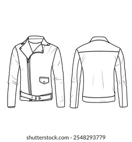 Herren Vintage Jacke Reißverschluss, Langarm Motorradmantel Freizeitkleidung, Outdoor-Sport. Vorder- und Rückseite Handgezeichnete Abbildung einer Bikerjacke einzeln auf weißem Hintergrund.