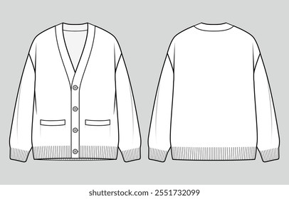 Men's v-neck knit cardigan. Button placket jumper. Vector technical sketch. Mockup template.