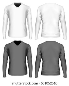 Camiseta de manga larga de cuello largo para hombres. Vista frontal y trasera de camisetas blancas y negras. Ilustración vectorial.