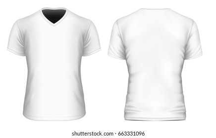 Men's v-neck short sleeve t-shirt. Front and back views. Vector illustration.