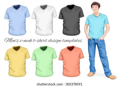 Men's v-neck t-shirt design templates (front view). Vector illustration.