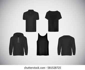 Men's wear black clothing collection. Slim-fitting short sleeve polo shirt, hoody, sweatshirt . 