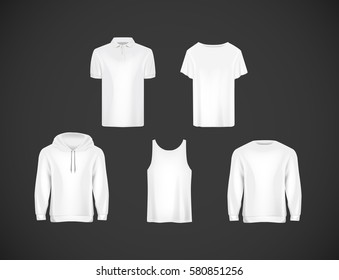 Men's wear white clothing collection. Slim-fitting short sleeve polo shirt, hoody, sweatshirt . 