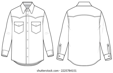 Dibujo de dibujo plano de la camisa occidental de los hombres vista frontal y posterior, doble parche bolsillo manga larga Denim camisa para uso casual plantilla de ilustración de moda maqueta maqueta arriba