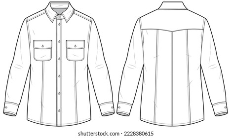 Men's Western shirt flat sketch illustration front and back view, double patch pocket long sleeve Denim shirt for casual wear fashion illustration template mock up