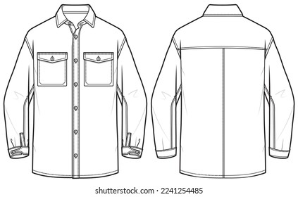 Men's Western shirt flat sketch illustration front and back view, double patch pocket long sleeve Denim shirt for casual wear fashion illustration template mock up