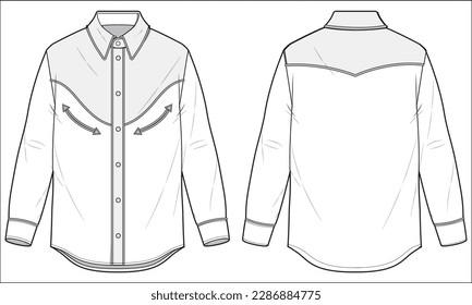 Men's Western shirt flat sketch illustration front and back view, double patch pocket long sleeve Denim shirt for casual wear cad drawing vector template mock up