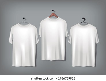 Men's white basic t-shirts mockup with wood and metal hanger.