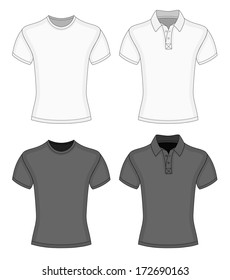 Men's white and black short sleeve t-shirt and polo-shirt design templates (front view). Vector illustration. No mesh. Redact very easy!