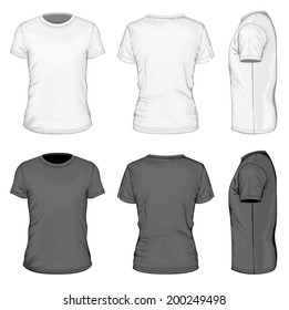 Men's white and black short sleeve t-shirt design templates (front, back, and side views). Vector illustration.