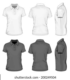 Men's white and black short sleeve polo-shirt design templates (front, back, and side views). Vector illustration.