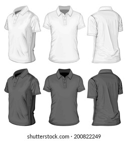 Men's white and black short sleeve polo-shirt design templates (front and half-turned views). Vector illustration.