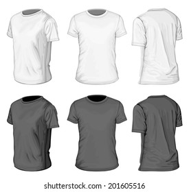 Men's white and black short sleeve t-shirt design templates (front and half-turned views). Vector illustration.