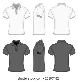 Men's white and black short sleeve polo shirt and t-shirt design templates (front, back and side views). Ribbed collar, cuffs and waistband. Vector illustration