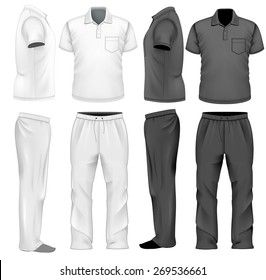 Men's white and black sweatpants and polo-shirt. Vector illustration.