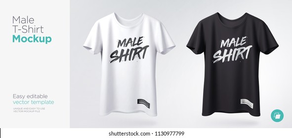 Men's white and black t-shirt with short sleeve mockup. Front view. Vector template.