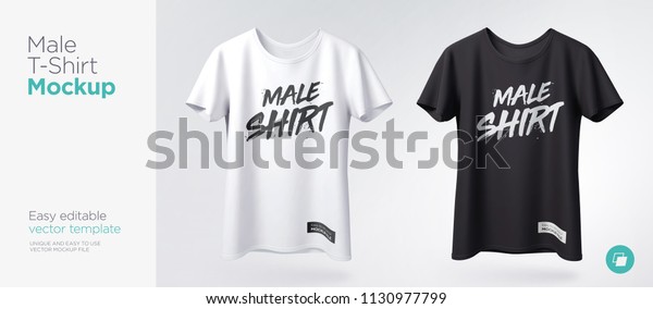 Men\'s white and black t-shirt with short\
sleeve mockup. Front view. Vector\
template.