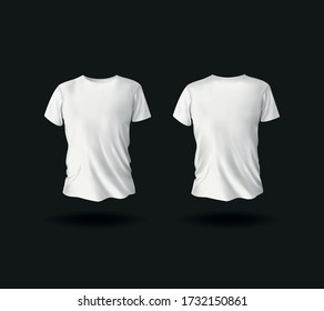 Men's white blank T-shirt template,from two sides, natural shape on invisible mannequin, for your design mockup for print, isolated on black background.
