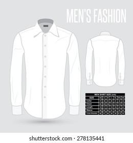 Men's White Dress Shirt - Front And Back With Size Chart - Vector Illustration