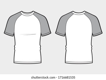 men's white raglan t-shirt design templates (front, back views). Vector illustration.