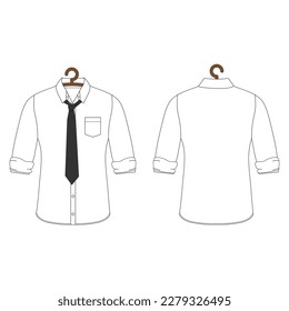 The men's white shirt and tie hang on a clothes hangers